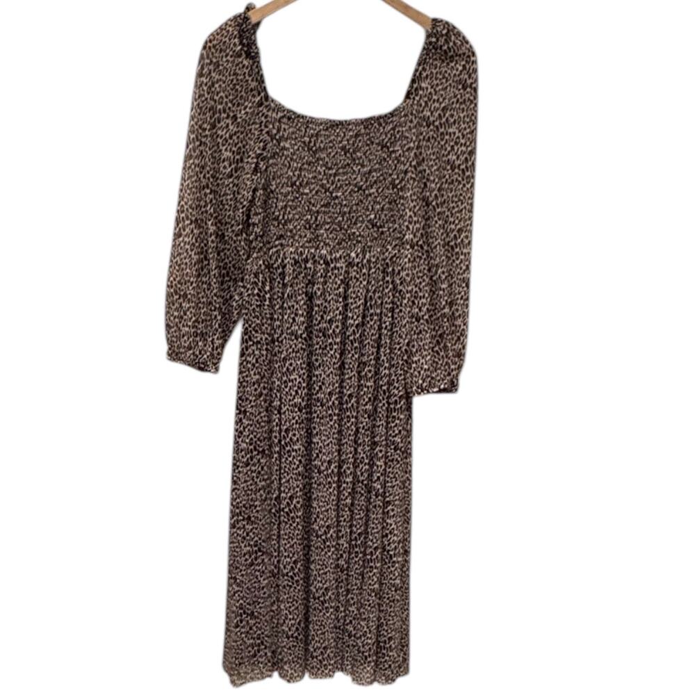 Anthropologie Dolan Cheetah Animal Print SmockedMidi Long Sleeve Dress Medium - Picture 7 of 7